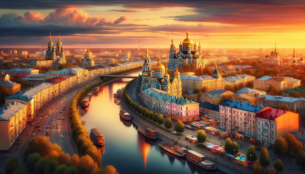 Vue panoramique de la ville russe d'Omsk au coucher du soleil, avec la rivière Om en premier plan, la cathédrale de l'Assomption et le théâtre dramatique en arrière-plan.