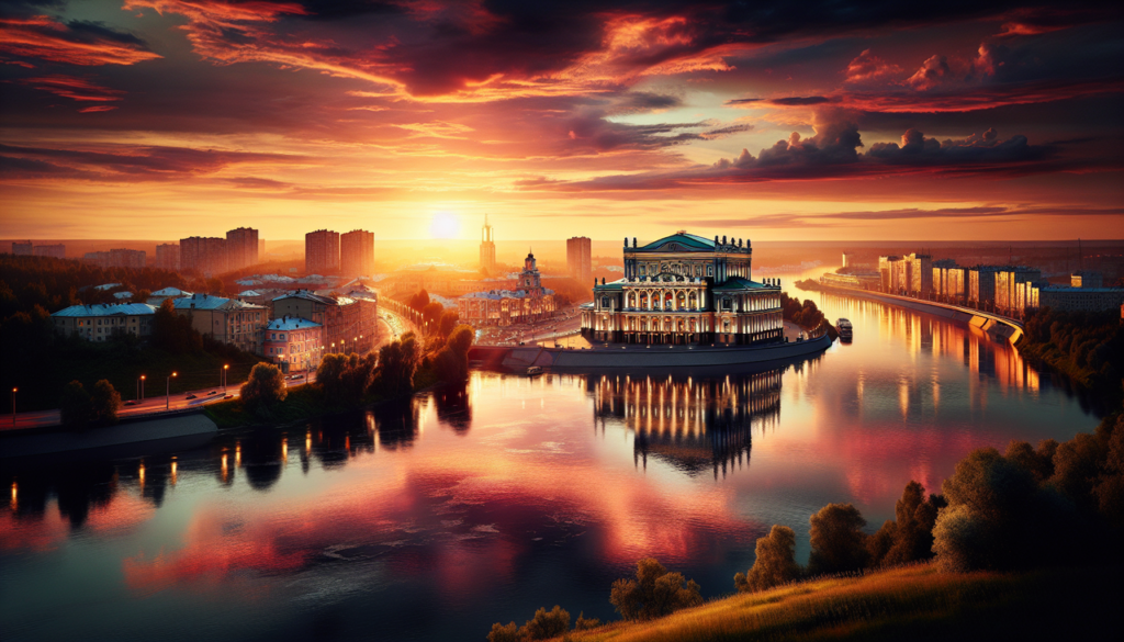 Vue magnifique de Perm au crépuscule, avec le fleuve Kama et le Théâtre d'Opéra et de Ballet de Perm en silhouette.