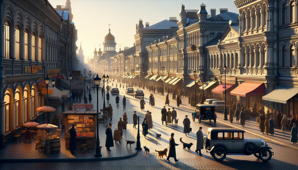 Ville russe en Q : Scène animée de rue, architecture russe, gens, couleurs vibrantes, Cyrillic.