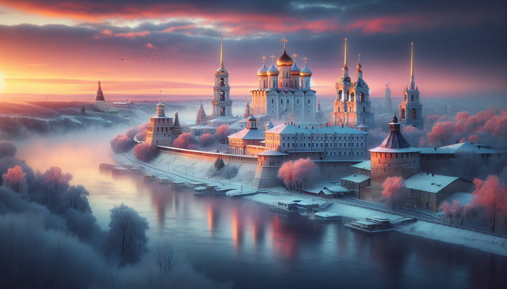 Vue hivernale du Kremlin de Ryazan, ville russe en R, baigné par l'aube sur la Volga. (96 caractères)