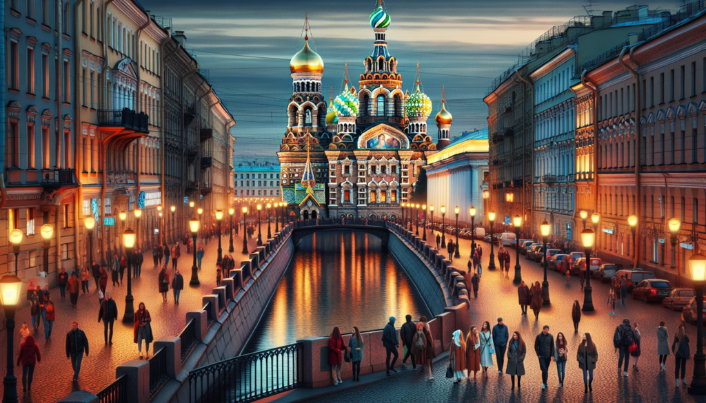 Vue panoramique de nuit du centre historique de Saint-Pétersbourg, Russie, mettant en valeur l'architecture complexe de l'Église du Sauveur sur le Sang Versé et ses coupoles oignons colorées reflétées dans le canal Griboedov.