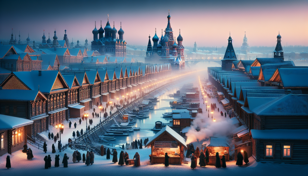 Ville russe en T : Vue panoramique de Tomsk, Russie, en hiver à la tombée de la nuit.