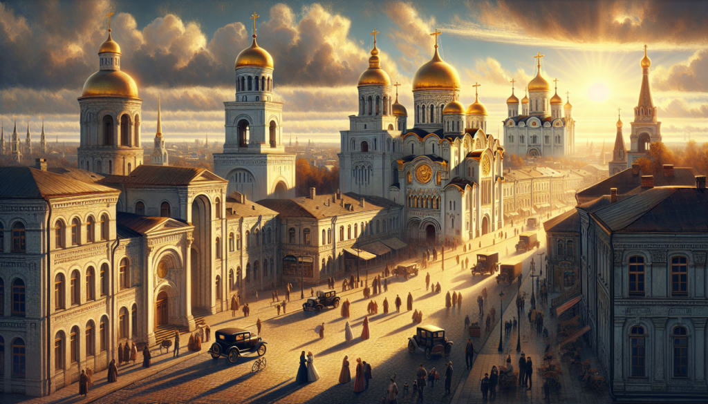 Vue panoramique de Vladimir, Porte d'Or en avant-plan, Cathédrale de l'Assomption à l'arrière.