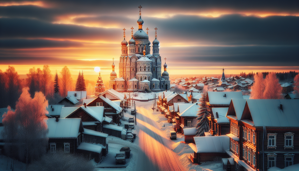 Ville russe en Xakassk au crépuscule d'hiver avec la cathédrale orthodoxe et les maisons sibériennes enneigées.