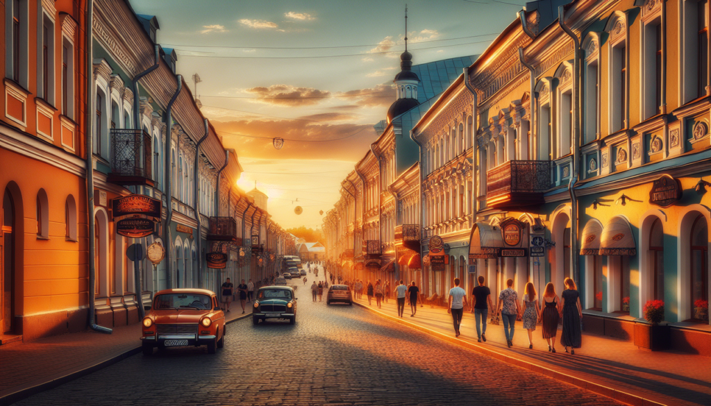 Ville russe en Y - Rue pittoresque de Yaroslavl, bâtiments historiques colorés, piétons en tenue contemporaine, voitures russes classiques.