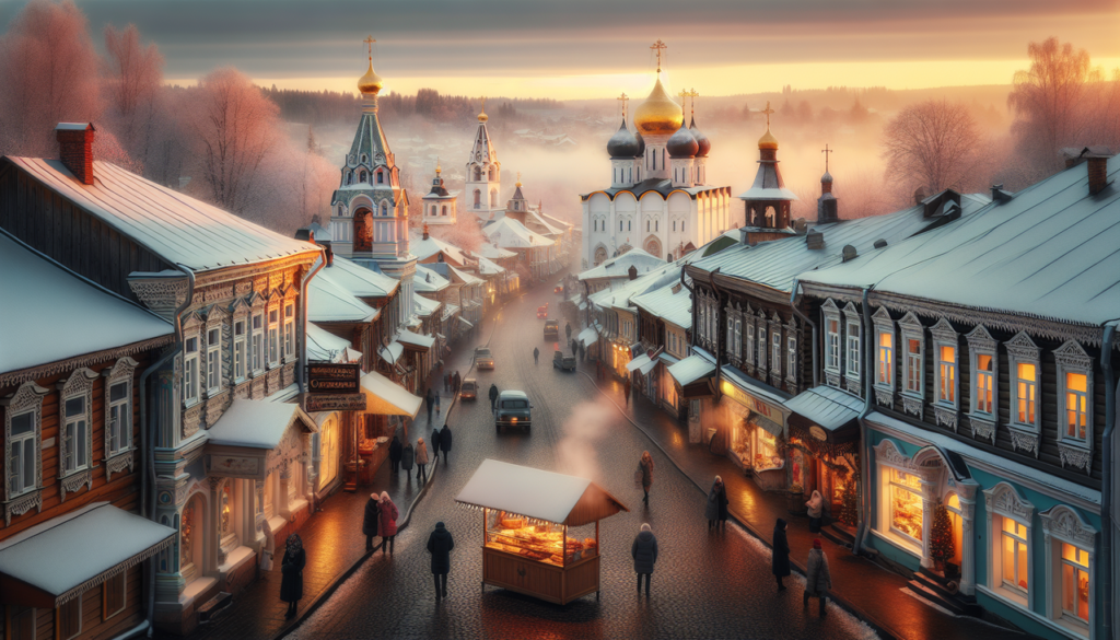 Ville russe en Z, panorama hivernal authentique de Zvenigorod, Russie, architecture en bois, coupole dorée de l'église, habitants, pâtisseries traditionnelles, neige.